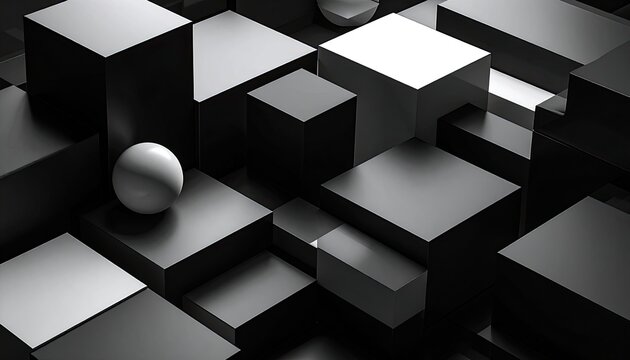 A grayscale 3D render featuring a composition of cubes and spheres in various arrangements.