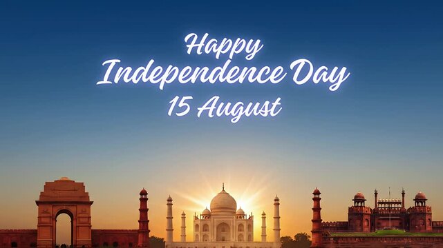 Happy india independence day message with iconic landmarks. 4K Video
