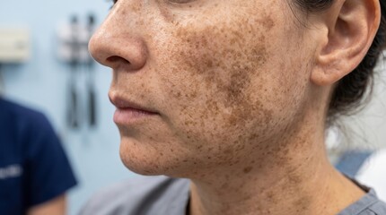 Fototapeta premium Woman face with brown hyperpigmentation spots on cheek and skin. Close up of sun damage and melasma on adult female. Dermatology checkup for skin health, condition and aging treatment.