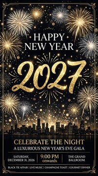 Luxurious new year eve gala flyer design with golden 2027 text fireworks and cityscape silhouette background.