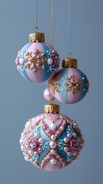 Elegant pastel Christmas baubles with glittering snowflake details and pearl decorations, perfect for luxury holiday d?cor, greeting cards, Christmas marketing, festive branding and seasonal 