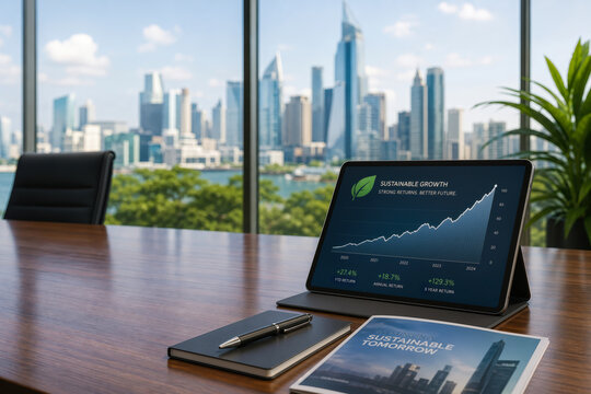 Minimalist corporate boardroom tablet displaying sustainable financial growth line graph with green leaf icon modern city skyline view for business investment report and prosperity