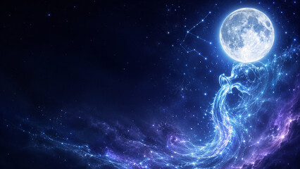 Fototapeta premium Glowing Aquarius Full Moon and Cosmic Water Background