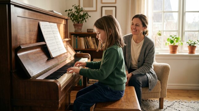 Mother teaching daughter to play piano in cozy home living room.