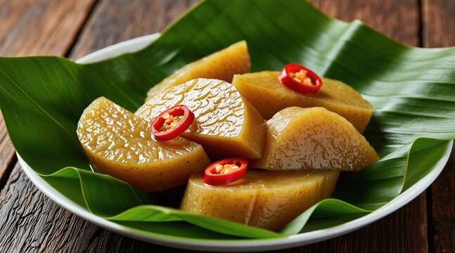 Tape singkong served on green banana leaf. Traditional fermented cassava slices with red chili garnish for spice contrast. Healthy organic Indonesian dessert rests on white plate. Authentic Asian