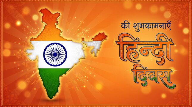 happy hindi diwas day card with indian map and flag