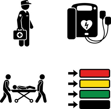 Medical emergency icons set including paramedics with stretcher and defibrillator.