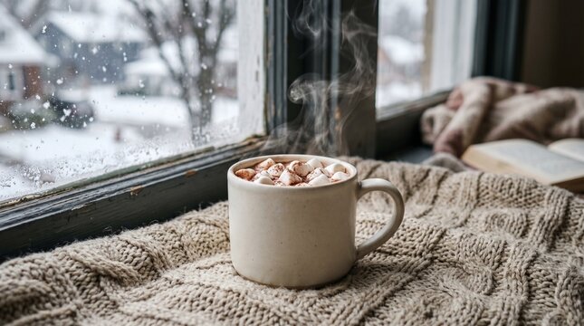 Steaming mug of hot cocoa with marshmallows on cozy knitted sweater by winter window.