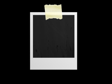 Vintage photo frame card with textured paper and adhesive yellow tape, isolated on black JPEG background
