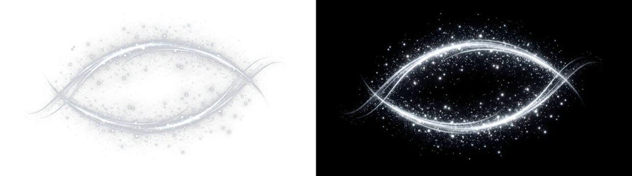 Elegant glowing silver light trail frame on white and black background with abstract, particle