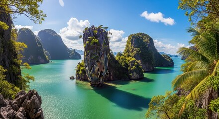 Obraz premium Stunning Aerial View of James Bond Island in Phang Nga Bay, Thailand with Turquoise Water and Tropical Limestone Karsts