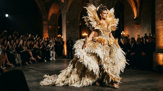 Model in elaborate feather gown on runway at fashion event.