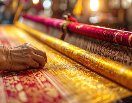 An artisan's hands meticulously weave intricate golden threads on a traditional loom, creating a vibrant textile with traditional patterns.