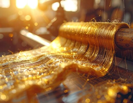 Golden threads of spun sugar glisten in warm sunlight, evoking a sense of sweet luxury.
