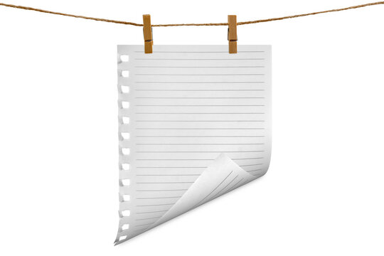 Blank sheet of paper hanging on a clothesline, attached with a wooden clothespin. Isolated transparent PNG..