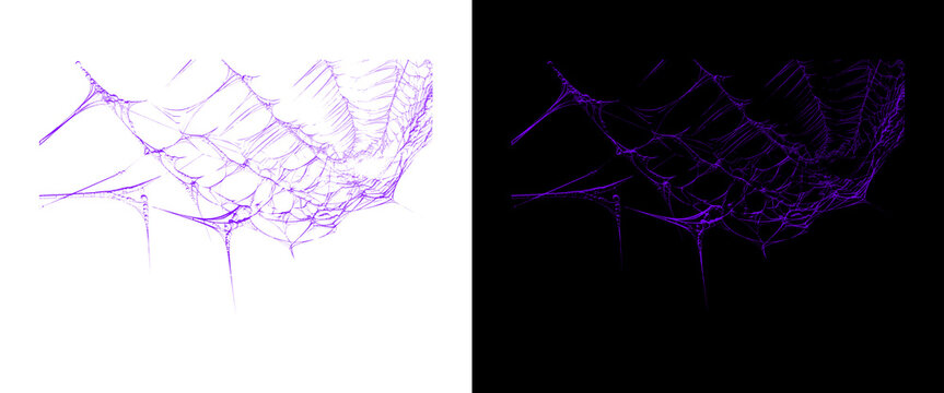 Purple spider web illustration on white and black backgrounds, spooky cobweb design for Halloween, neon violet spiderweb graphic for gothic decor