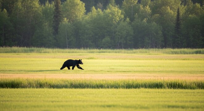 Majestic wild black bear walking across a vast green meadow