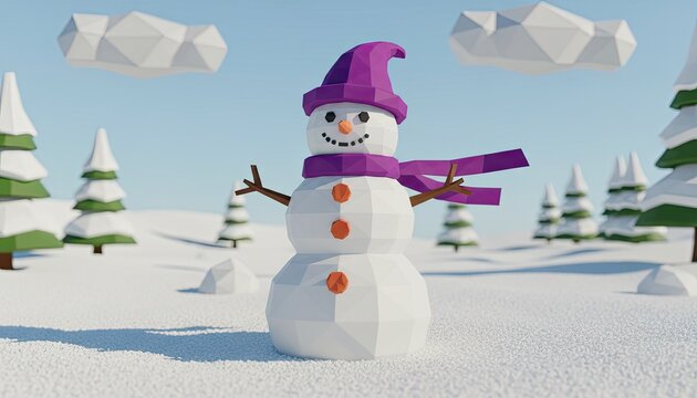 Snowman standing in a snowy winter landscape with pine trees and low poly clouds in bright daylight