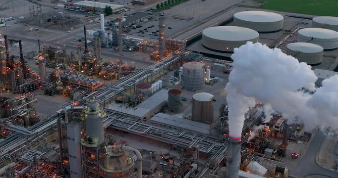 Aerial view of Joliet oil refinery with industrial pipes, storage tanks, and smoke rising from a chimney at sunset in Joliet, Illinois, United States.