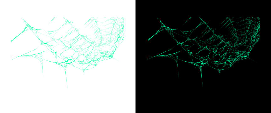 Abstract green spider web pattern, glowing neon cobweb texture on black and white backgrounds, spooky digital net design for Halloween