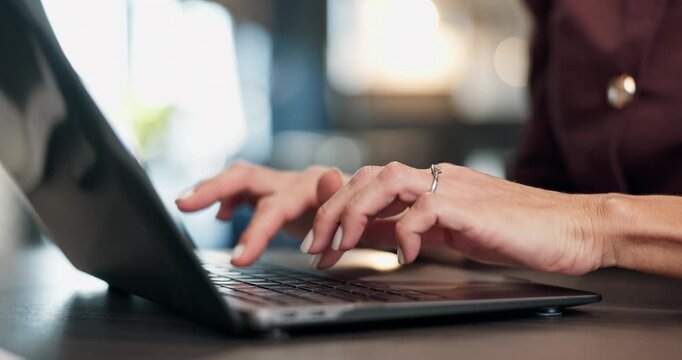 Creative, laptop or hands in agency with keyboard, SEO research or pitch draft for campaign. Bokeh, woman or marketing advisor with typing, advertising strategy or proposal edit for brand development
