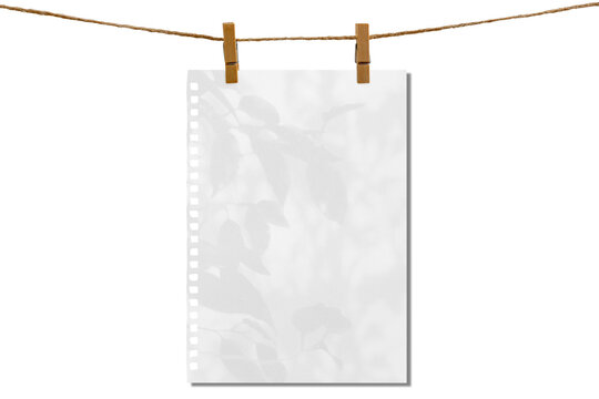 Blank sheet of paper hanging on a clothesline, attached with a wooden clothespin. Isolated transparent PNG..