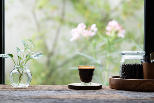 Coffee glass cup and coffee beans in a glass vase and pothos plant