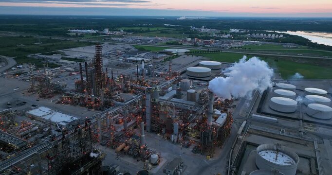 Aerial view of Joliet oil refinery with industrial structures, storage tanks, and steam rising at dusk in Joliet, Illinois, United States.