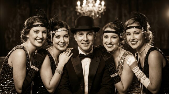 Carefree flapper girls and dapper gentlemen enjoying a 1920s speakeasy party in sepia.