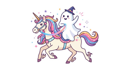 Magical unicorn with a rainbow mane and tail carries a cheerful ghost wearing a witch hat, surrounded by sparkling stars. © MSTLUCKY