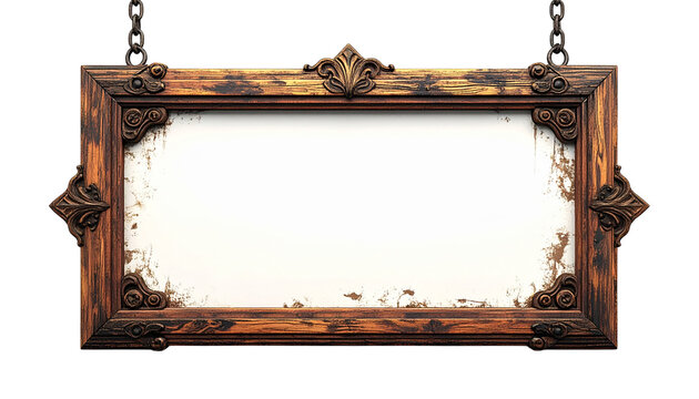 A vintage-style rectangular wooden sign board with an ornate carved frame, aged distressed wood texture, antique appearance, decorative chains for hanging, isolated on transparent background
