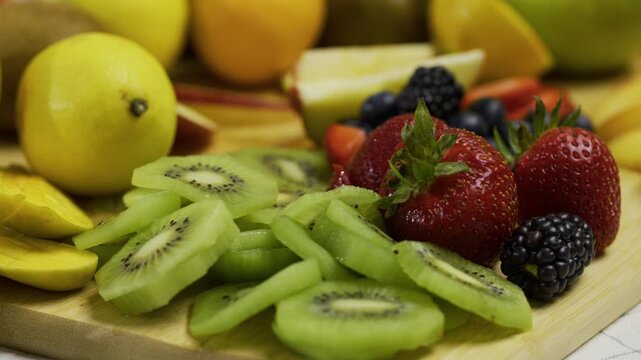 Delicious cut fruit on cutting board and tilting up to other fruit - slow motion closeup shot
