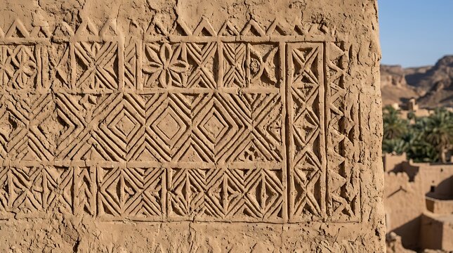 Ancient geometric carvings on a traditional mud brick wall