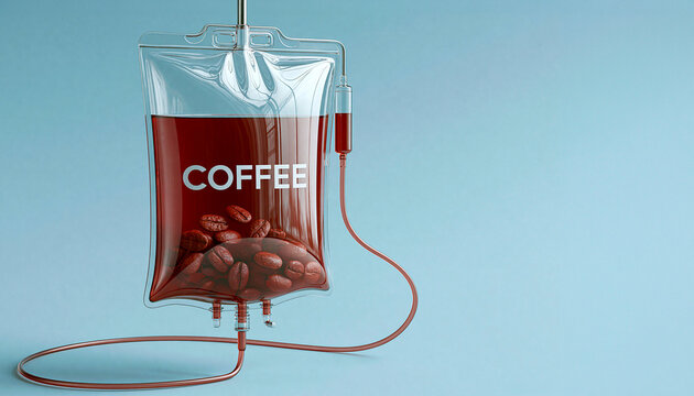 Coffee IV drip bag with roasted coffee beans and caffeine infusion concept on pastel blue background, humorous coffee addiction and energy boost illustration