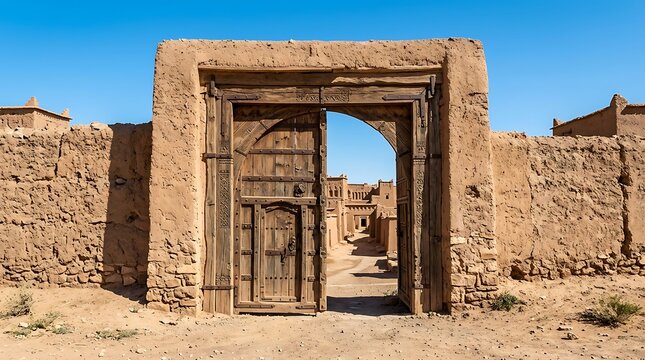 Ancient wooden gate in a mud brick wall of a desert village