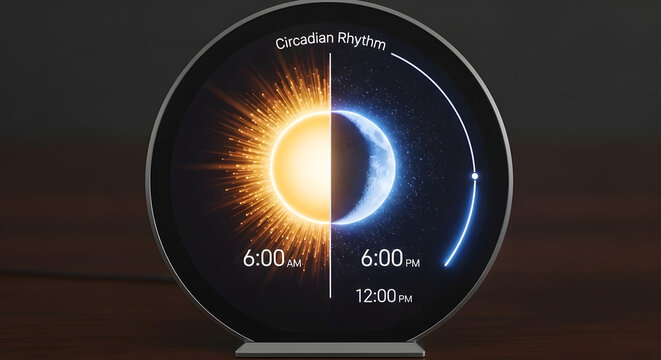 Smart round clock displaying a circadian rhythm diagram with sun and moon phases