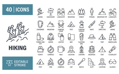 Fototapeta premium Adventure gear and outdoor exploration line icon set