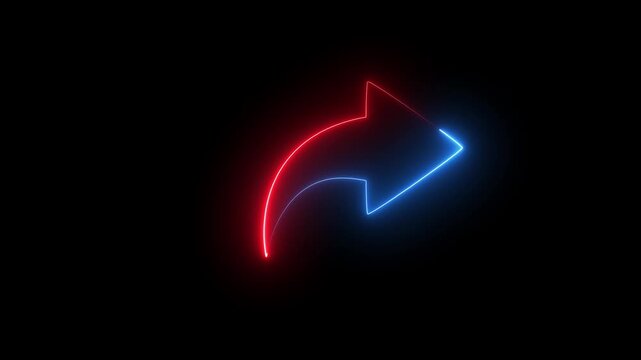 Glowing neon share icon on the black background. share arrow icon 4k animation.red and blue colore neon.