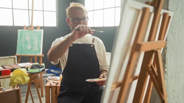 Man painting on canvas with brush, hand visible and steady, wearing apron and glasses by sunlit easel in studio; calm creative focus.