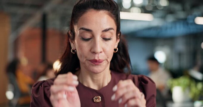 Stress, business and woman in office with headache, work fatigue or burnout for financial loss. Tired, mature person or coworking in workplace with migraine, dizziness and brain fog for finance error