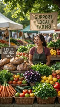 Cheerful woman at farmers market surrounded by fresh organic produce and support local farms sign