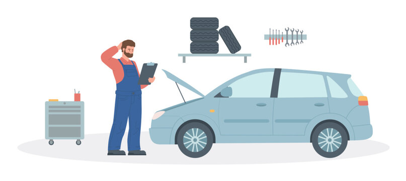 A thoughtful auto mechanic with a clipboard scratches the back of his head and  stands next to a car with its hood open in a car service. Auto diagnostics. Flat vector illustration
