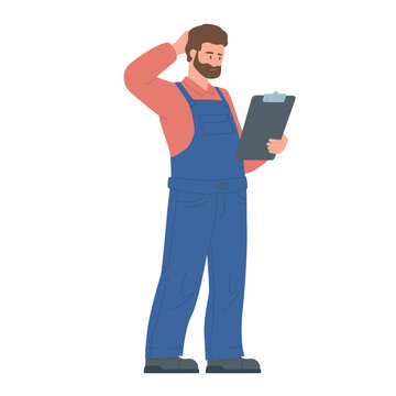A pensive worker in overalls stands scratching the back of his head, holding a tablet; full-length portrait. Flat vector illustration isolated on a white background