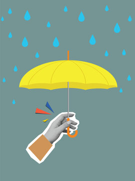 Hand holding opened yellow umbrella protecting from falling raindrops. Modern collage style. Vector illustration