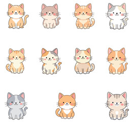 Fototapeta premium Cute kitten characters sit together in a lighthearted cartoon style, featuring orange and white fur, whiskers, and smiling expressions for playful kids design