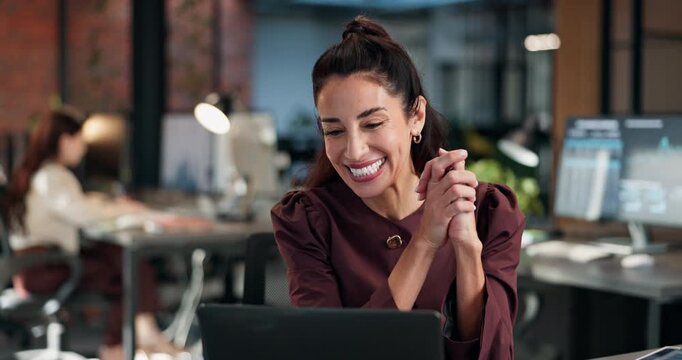 Business, laptop and excited woman in creative office with good news, promotion or author recognition. Publishing, coworking and person clap by tech for winning literacy competition or book launch