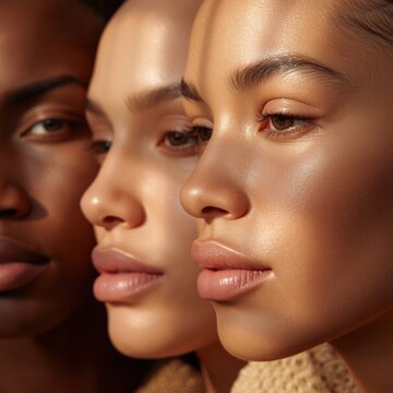 Close-up portrait of three diverse women with flawless, glowing skin and natural makeup, showcasing beauty and skin care.