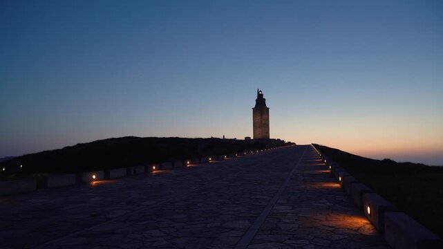 Vista panor&aacute;mica nocturna de la Torre de H&eacute;rcules iluminada, destacando sobre el paisaje costero y el cielo oscuro de A Coru&ntilde;a.