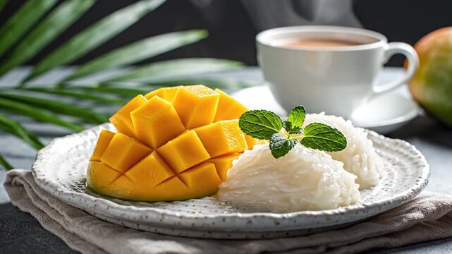 Fresh sliced mango with sticky rice and steaming hot tea on a grey table