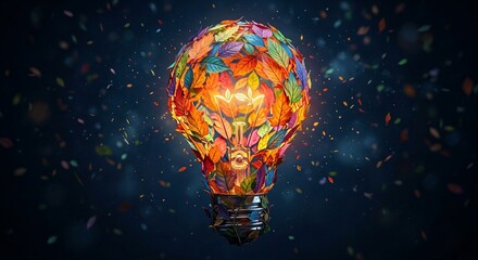 Fototapeta premium Conceptual digital art of a glowing lightbulb composed of colorful leaves symbolizing sustainability